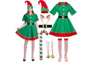 Maryparty Christmas Elf Costume Green Elf Costume Santa's Helper Dress for Adults Kids