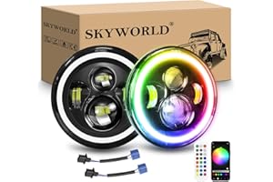 SKYWORLD 2PCS 7 inch LED Headlight, Round LED Projector Headlight with RGB Halo Turn Signal White DRL High/Low Beam 4 LEDs Angle Eyes Compatible with Wrangler JK LJ CJ TJ Motorbike Motorcycle