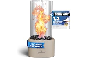 Glanzfeuer Bioethanol Tischkamin Outdoor & Indoor inkl. Bio Ethanol - Extra Lange Brenndauer - Tischfeuer Deko - Tisch Kamin Feuer Set - Garten & Deko Geschenk