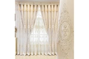 Amidoudou 1 Paar europäische, doppellagige Vorhänge mit Volants für Wohnzimmer Schlafzimmer Luxus 3D Blume bestickte Vorhänge (Beige, 132 x 244 cm)