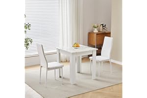 Pantanal Square Dining Room Set for 2, 75cm White Marble Dining Table with 2 White PVC Leather Dining Chairs, 3-Piece Kitchen Table Set Dinette Set for Small Apartments, Home Kitchen Furniture