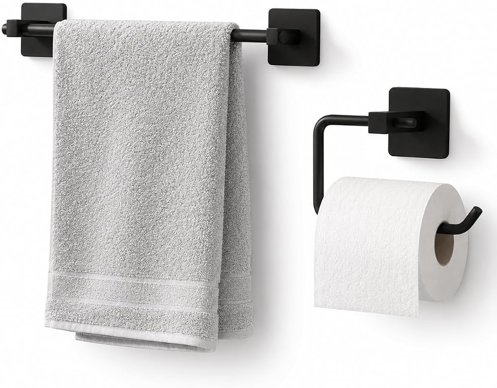Alper Banyo 2’li Siyah Banyo Aksesuar Seti, Uzun Havluluk ve WC Tuvalet Kağıtlığı, Hem Yapışkanlı Hem Vidalı Montajlı, Mat Siyah Statik Boyalı Banyo Seti