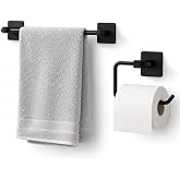 Alper Banyo 2&rsquo;li Siyah Banyo Aksesuar Seti, Uzun Havluluk ve WC Tuvalet Kağıtlığı, Hem Yapışkanlı Hem Vidalı Montajlı, Mat Si