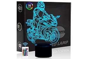 Comiwe Moto Motocyclette 3D Illusion Veilleuse Jouets,Décor de Maison LED Lampe de Chevet Table,Tactile & Télécommander 16 Couleurs,Cadeau d'Anniversaire de Noël Pour Garçons Enfants Amis et Famille
