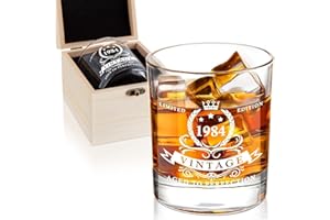 LIGHTEN LIFE Regalos de cumpleaños número 40 para hombres de 360 ml, vaso de whisky de 1984 en valiosa caja de madera, vidrio de bourbon para papá de 40 años, marido, amigo, ideas de regalo de 40