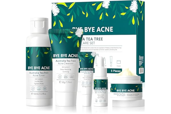 5PCS Routine Skincare Visage, Skincare Kit de D’Arbre à Thé Ensemble, Skincare Coreen Kit avce Nettoyant, Toner, Essence, Gel, Crème, Coffret Soin Visage Ado, Anti Imperfections