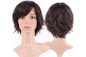 S-noilite Perruque intégrale courte Naturelle pour Femme Dégradée Ondulée Synthétique Brun foncé