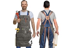 FINITYPRO Waxed Canvas Woodworking Apron - 22oz Leather Woodworking Apron for Men and Women, with 9 Pockets & Cross Back Straps, Adjustable Woodworking Shop Apron, Heavy Waxed Canvas Work Aprons for Men