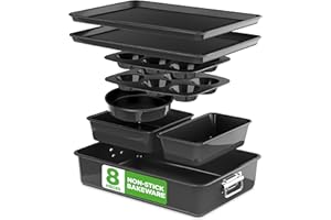 NutriChef Baking Tray Set, 8-Piece Non-Stick Oven Bakeware, Stackable Trays with Cookie, Loaf, Pizza, Muffin, Cake, Round, Square Pans, Durable Kitchen Set