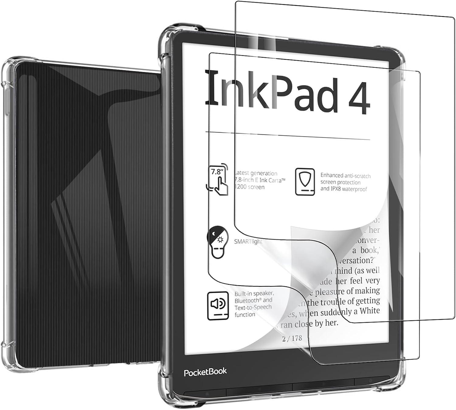 MEMELOKA Funda para Pocketbook InkPad 4/Color 3/Color 2 + Cristal Templado, Carcasa TPU Transparente Flexible Anti-arañazos con Esquinas Reforzadas, Silicona Ultrafina Anti-Choques Funda