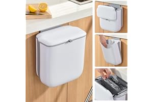 Yiomxhi Cubo de Basura Colgante con Tapa, 9 L Bote de Basura de Cocina Plegable para Puerta de Armario, Contenedor de Compostaje para Baño, Oficina, Debajo del Fregadero, Blanco