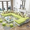 Ripple FURNITURE U Shape 9 Seater Modern Interchangeable Fabric Sofa Set with 4 Puffy (Right, Green & White)