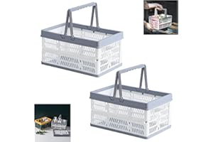 Ruucy Lot de 2 Boite Rangement Plastique, Caisse Pliable avec Poignée, Cagette Plastique Empilables, Panier Rangement, pour Coffre de Voiture, Jardin, Nique, Cuisine e Salle de Bai (Blanc)
