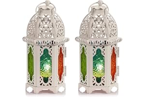 Nuptio Linterna De Vela Estilo Marroquí De 2 Piezas - Portavelas De Tealight De Tamaño Pequeño con Paneles De Vidrio Coloful Ideal para Patios, Interiores Exteriores, Eventos, Fiestas Y Bodas, Blanco
