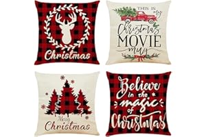 OYIMUA Zestaw 4 dekoracyjnych poszewek na poduszki 20 x 20 cali Boże Narodzenie len tartan czerwone poszewki na poduszki 50 cm x 50 cm kwadratowa poszewka na poduszkę na meble ogrodowe ogród salon sofa dom wiejski dekoracja