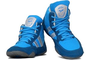 4 WITH QUIVE QUIVE Ring Wrestling Shoes, High Top Pro Wrestling & Boxing Shoes, Light Blue & Black, Boxing Boots for Men, Women & Children Unisex Combat Training Boots