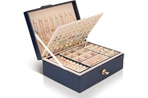 Chelory Jewellery Box Organiser for Women Girls, 3 Layer Large Jewellery Storage Case for Rings Earrings Necklace Bracelets Faux Leather Jewelry Gift Box (Blue)