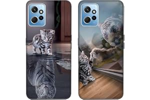 DiaryTown 2 Piezas Funda de Silicona para Xiaomi Redmi Note 12 4G Carcasa Forro de Microfibra Fundas con Animale Diseño Bonito Cubierta Cover Antigolpes Negro Case para Redmi Note 12 4G - Gato y Tigre