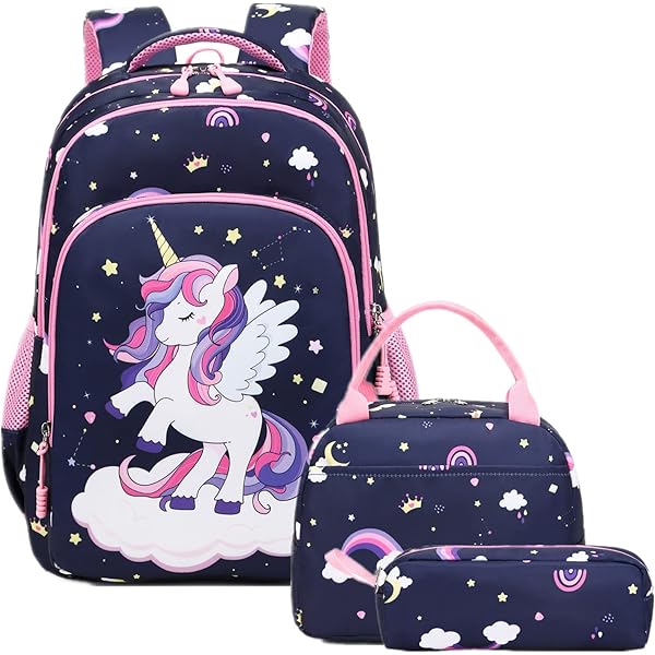 Kimwadalh Kleurrijke rugzak voor meisjes eenhoorn rugzak schooltas set voor elementaire student boekentas kinderen rugzak, kleurrijke kinderen rugzak voor reizen, wandelen, school, Jump Eenhoorn Navy