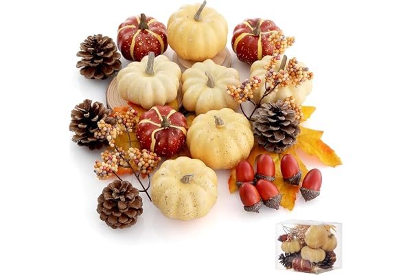 TIKONT Höstdekorationsset – 23 st pumpadekor med mini-pumpor, ekollon, tallkottar, lönnlöv och bär för höst heminredning, halloween och thanksgiving bordsdekoration