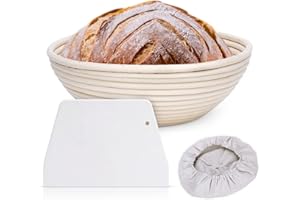 Clheatky Cestino per Lievitazione del Pane 25cm, Fermentazione Rotondo Cestino con Rattan e Fodera di Lino Raschietto per Pasta Lame, Cesto per la Lievitazione 100% Rattan Naturale