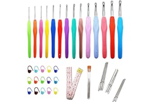 EASYKEENECOM Set di 14 ganci per maglieria con manici ergonomici in gomma a presa morbida, multicolore gancio in alluminio lavorato a maglia, kit di uncinetto per adulti principianti da 2 a 10 mm