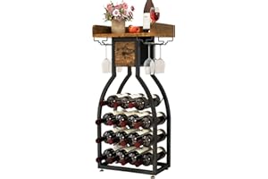 IBUYKE Étagère à Vin 15 Bouteilles,Porte Bouteille avec Verres et Tiroir de Stockage,Présentoir à Vin,Mini Casier à Bar,Casier à Vin Cave pour Cuisine, Bar, Salle à Manger, Brun Rustique,TMJ908H