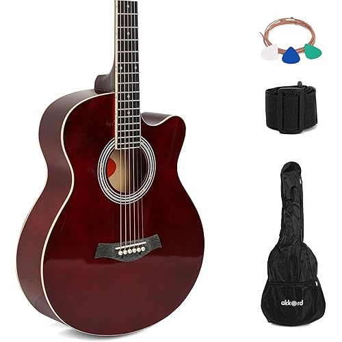 Akkord 40 Inch Basswood Acoustic Cutaway Guitar Kit With Die Cast Keys, Gigbag, String Set, Picks And Strap- Wine Red