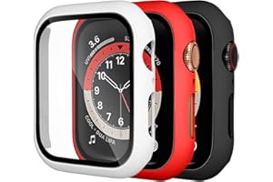 Dirrelo 3 Pack PC Case Compatible with Apple Watch Series 6/5/4/SE 44mm Tempered Glass Screen Protector, Full Cover Thin All-Around HD Protective Bumper Case for iwatch 6/5/4, White/Red/Black