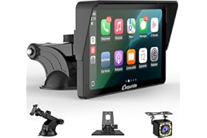 Écran Carplay Portable, Carpuride V3R sans il Airplay&Android Auto, écran Tactile HD 1080P 7 Pouces avec caméra de recul 720P réelle/BT 5.0/Mirror Link/Lecture USB/Puce de réduction du Bruit AUX