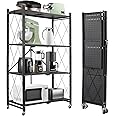 ABOUT SPACE Foldable Kitchen Storage Rack - 4 Tier Space Saving Metal Stand with Caster Wheels Crockery Unit Multifunctional Movable Microwave Stand Trolley -Upto 120Kg (Black- L 69 x B 31 x H 127 cm)