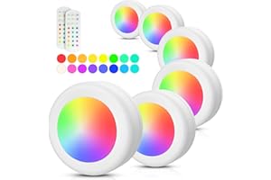 PURSNIC LED Puck Lights, RGB Wireless LED Closet Lights with Remote Control, Upgraded 16 Colours Changing Battery Operated LED Under Cabinet Lights, Brightness Adjustable Night Light with Timer, 6Pcs