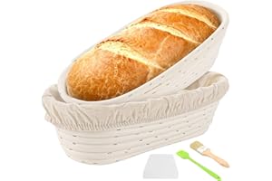 GBACHOOSE Lot de 2 Banneton en Rotin Naturel, Diamètre : 30 cm de fermentation ovales pour la cuisson du pain, avec chiffon en lin et pinceau à huile en silicone pour pain et pâte à pain