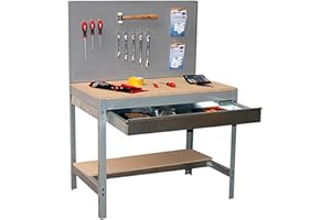 Simon Rack Banco da lavoro per officina, capacità di carico 600 kg, 1445x1210x610 mm, Pannello Forato, Tavolo da lavoro fai da te, Gris/Legno - BT2
