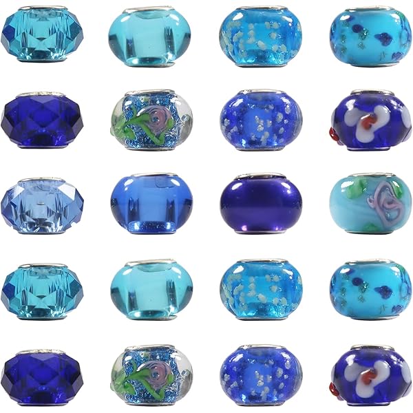 Assorted Mixed Set Of 5 Or 6 Bundle Translucent Shades Of Black Blue Navy Silver Gold Foil Murano Swirl Charm Beacer For Girlfriend Teen .925 Sterling Silver Core Fits European Bracelet, Glass