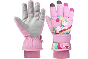 QKURT Guanto da neve per Bambini Guanto da Sci per Bambini Guanto Termico Antivento Invernale Guanto Sportivo Antiscivolo con Polsino lungo a coste lavorato a maglia, per Ragazze e Ragazzi di 2-9 anni