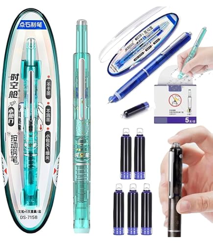 Stylo Plume Rétractable 0,38 Mm – Sans Fuite – 5 Cartouches Rechargeables Incluses – Corps Transparent – Écriture Fluide Pour école, Bureau, Dessin - 5