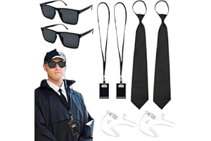 TUONYIS Set di 10 accessori da agente, set di accessori per costume da spia, con occhiali da sole, cravatta, porta carte, auricolare finto, puntello per carta d'identità, guardia giurata