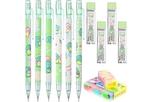 Uoeo Cute Mechanical Pencil Set for Kids- 6pcs Kawaii Dinosaur Mechanical Pencils with 4 Pcs Erasers and 0.5mm Tubes Pencil Refills for Student Writing, Drawing, Sketching, Architecture