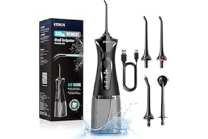 COSLUS Irrigador Bucal Portatil Irrigador Dental:4 Boquillas 4 Modos Recargable Limpiador de Riego para Limpieza Dental, 300ML IPX7 Impermeable Limpieza Dientes Para el Hogar y los Viajes Negro
