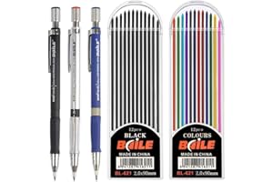 CYH Kit de portaminas 2 mm, 3 piezas mecánicas mecánicas lápiz azul, negro y plateado, 24 piezas minas de color y negro, para el proyecto de dibujo de la escritura de la fabricación de dibujos