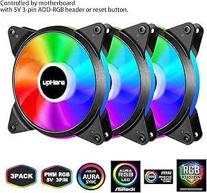 upHere 5V PWM ARGB LED 120mm Case Fan For PC Cooling super Silent 5V 3 Pack-Supports ASUS Aura Sync/GIGABYTE ARGB Fusion/MSI Mystic Light Sync/AsRock Polychrome Sync-T7SYC7-3
