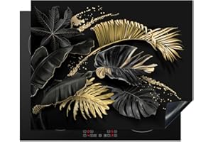 KitchenYeah© Protection Plaque Induction 65x52 cm Protege Deco Cuisine Cache Protège De Cuisson Accessoires Feuilles - Or - Noir