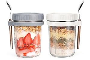 Gilen Overnight Oats Jars with Lids and Spoon, Overnight Oats Container, 10 Oz Glass Porridge Container to Go for Chia, Pudding, Milk, Cereal, Fruit, Yogurt, Salad, Cereal Meal Prep Jars(Gray+white)