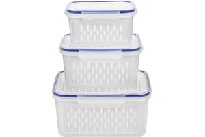 KOXXIAMOQ Pudełko do przechowywania owoców, warzyw, 6 szt./3 zestawy, pojemniki do przechowywania żywności z pokrywką, pojemniki na żywność z pokrywką i sitkiem, kosz filtrujący wodę, 0,85 l + 1,75 l / 3,3 l