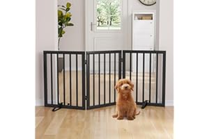 Semiocthome Bamboo Freestanding Dog Gates for Doorways 3-Panel Indoor Puppy Gates for the House with 2 Metal Stands, 60cm (H) Folding Pet Gate for Stairs Expands Up to 140cm (W) Fully Assembled Black