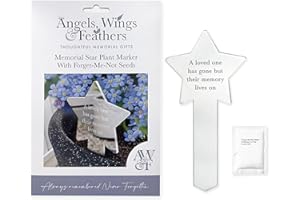 ANGELS WINGS AND FEATHERS THOUGHTFUL MEMORIAL GIFTS Memorial Star Plant Marker with Forget Me Not Seeds – Flower Seeds for Memorial Gift & Tribute – Sympathy Gift for Loved Ones – Garden Ornament Display – Angels Wings & Feathers