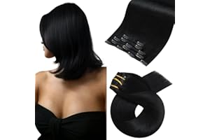 ‎MORESOO Moresoo Clip in Extensions Echthaar, Salon Qualität Weiches Glattes Haar 35 cm 5 Stück 80g Extensions Clip in #1 Tiefschwarz, Leicht zu Tragen Solide und Langlebig