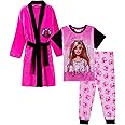 Barbie Girls Dressing Gown + Pyjamas Set Matching 3 Piece Set Kids Pink Bathrobe + Pjs