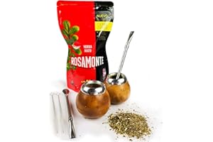 YERBEE Set Rosamonte Yerba Mate Traditional Zip 250g - 2 Gourds (mate tea cup) in leopard coloured - Stainless steel Bombilla (Sraw)